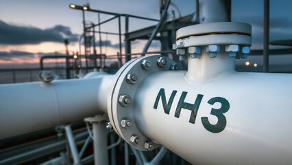 Close-up of NH3 ammonia pipeline connection with flange system at sunset. Clean energy transportation infrastructure. Concept of sustainable technology, green energy transition, modern engineering