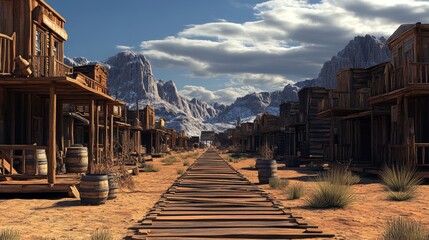 A deserted Old West town with wooden structures and a dusty path, set against rocky mountains under a sky filled with scattered clouds. It's a serene, historical setting.