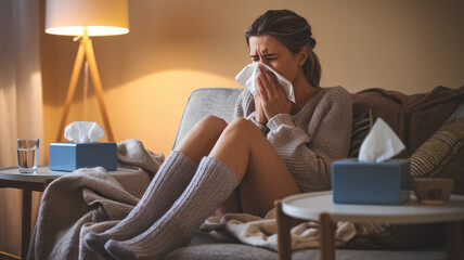 Obraz premium A woman is sitting on a couch with tissues in her hand. She is sniffling and she is sick. There are two boxes of tissues on the couch, one on the left and one on the right