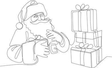 Outlined Cute Santa Claus Cartoon Character With A Sack Full Of Gifts. Vector Hand Drawn Illustration. One continuous line drawing Santa Claus on reindeer and sled. concept for Christmas and New Year