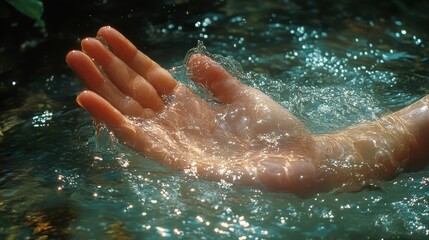 A hand dips into a cool, refreshing stream, creating a spray of water droplets.