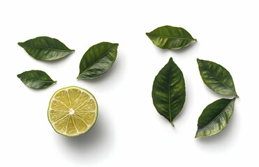 A halved lime with green leaves on a white background.