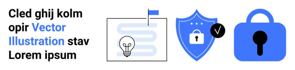 Lock and shield icons, lightbulb next to documents. Unrelated placeholder text. Ideal for security, technology, innovation, privacy, information protection, cyber security, graphic design projects
