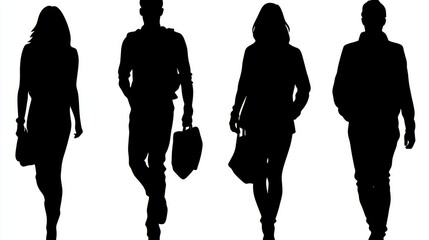 This image features four silhouetted figures walking, each carrying bags, set against a plain white background, capturing movement and anonymity in modern life.