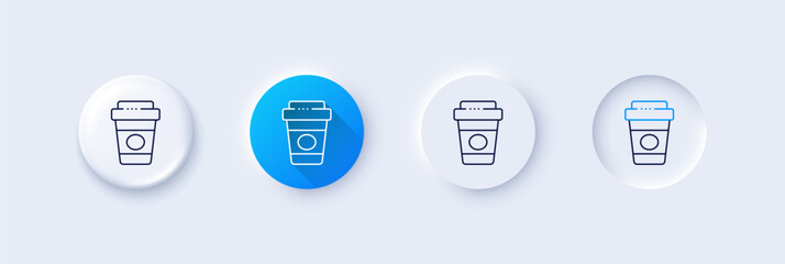 Takeaway coffee line icon. Neumorphic, Blue gradient, 3d pin buttons. Hot latte cup sign. Tea drink mug symbol. Line icons. Neumorphic buttons with outline signs. Vector