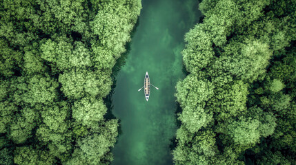 aerial view of man in rowboat on a stream in the forest.