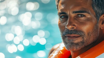 Middle-aged Latino man with salt-and-pepper beard wearing life jacket near sparkling blue water, looking confidently at the camera in bright sunlight