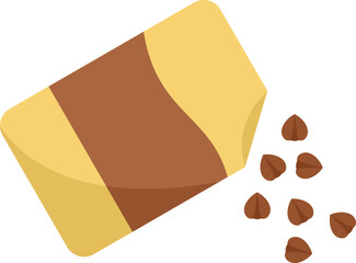 Open buckwheat package pouring out groats on white background, packaging for superfood, healthy eating concept