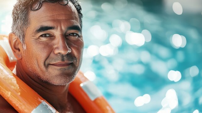 Middle-aged Latino male lifeguard with rescue buoy, close-up by a pool with sparkling water in the background, looking vigilant and focused, bright natural light - Powered by Adobe