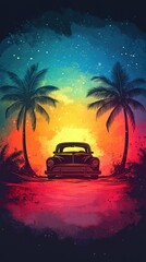 Vintage Car Silhouette on a Tropical Beach: Sunset Vibes, Palm Trees, Vibrant Colorful Sky, Artistic Illustration, Exotic Destination, Retro Summer Aesthetic