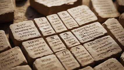 Ancient inscriptions on stone tablets illuminated by golden sunlight in a historical site