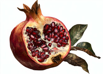 A single half of a pomegranate with red seeds and green leaves isolated on a white background.