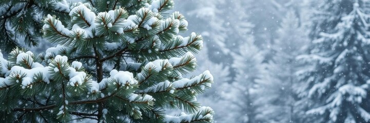 Snow falling on a majestic pine tree in a winter wonderland setting, snowy, weather
