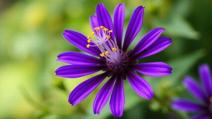 Fototapeta premium Vibrant purple flower head with delicate petals and a central yellow stamen, delicate, purple