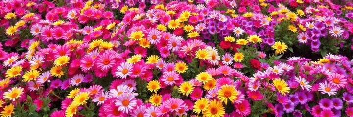 Fototapeta premium A vibrant flowerbed bursting with colorful blooms in shades of pink, purple, and yellow, creating a stunning display of natural beauty, flowerbed, beauty