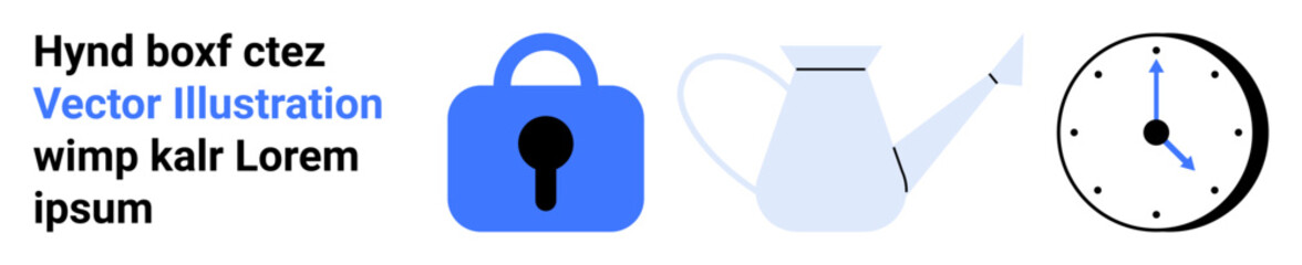 Blue padlock with keyhole, white watering can, round clock with black numbers and blue hands at 200. Ideal for security concepts, gardening themes, time management, digital content, presentations