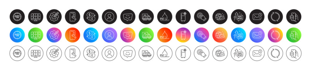Puzzle game, New message and Smile chat line icons. Round icon gradient buttons. Pack of Refresh, Refrigerator, Headshot icon. Touchscreen gesture, Truck transport, Tips pictogram. Vector