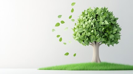 Fototapeta premium A detailed 3D rendering of a vibrant tree adorned with lush green leaves, showcasing a realistic trunk texture and intricate branching. The leaves are bright and full, capturing sunlight in a way 
