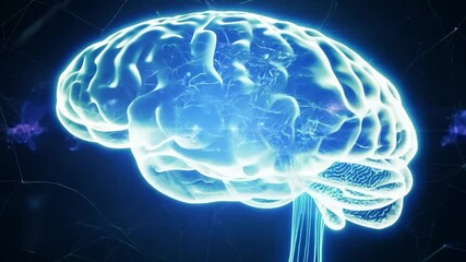 Rotating blue glowing human brain showcases its intricate neural network and highlights the complexity of intelligence and thought