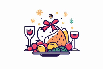 Colorful festive dish with fruits, dessert, and drinks on white isolate background.