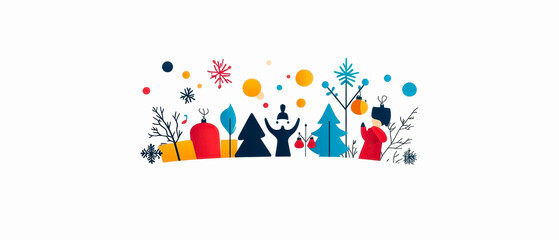Colorful holiday-themed illustration with trees, gifts, and snowflakes on white background.