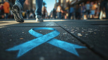 Blue ribbon symbolizing cancer awareness drawn with chalk on a busy urban sidewalk. Movember Men's health awareness concept.