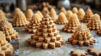 Fototapeta premium A row of gingerbread cookies shaped like Christmas trees on a table, decorated with white frosting and a star on top.