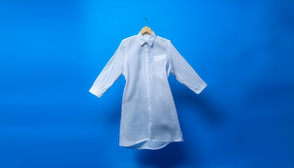 White shirt dress floating or flying isolated on light blue background