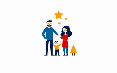 Family celebration with parents and child in festive attire, white isolate background