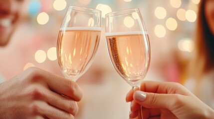 Two people clinking glasses of sparkling rosé wine in a festive setting, AI
