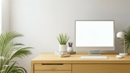 Minimalist workspace with a computer on a wooden desk, plants, and a lamp against a beige wall.