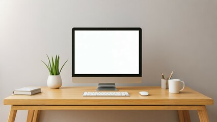 A clean workspace with a blank screen monitor, plant, notebook, smartphone, and coffee mug.