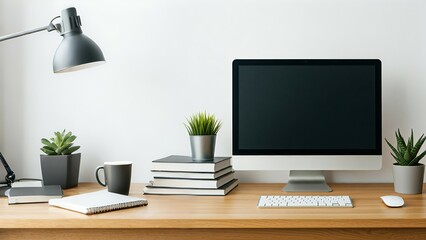 A tidy workspace with a computer, lamp, plants, and books on a wooden desk.