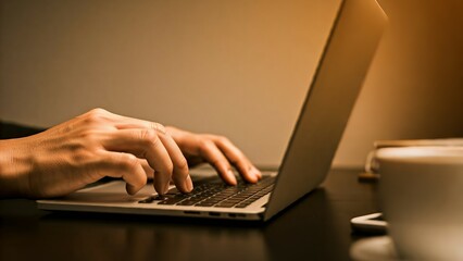 Hands typing on a laptop with a coffee cup beside it on a dark desk.