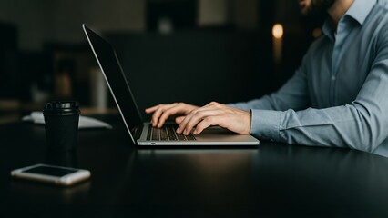 A person in a blue shirt typing on a laptop at a dark desk with a smartphone beside.