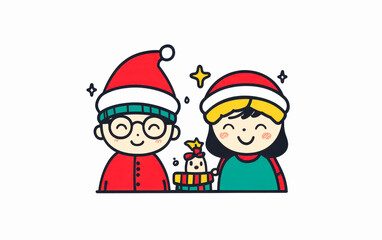 Two children in Christmas hats smiling with a gift, festive cheer.