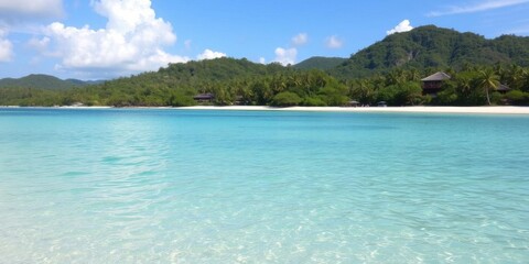 Soft blue ocean waves gently breaking on a beautiful sandy beach, creating a serene and tranquil scene, picturesque, tropical