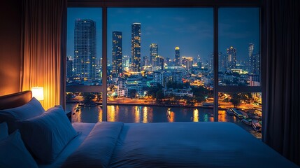 Night View from Hotel Room with City Skyline