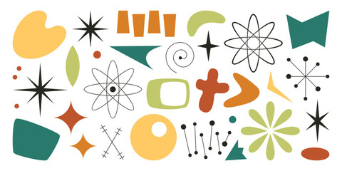 Mid century shapes, starburst, molecule nuclear, atomic age space colorful isolated retro set © Mykola Syvak