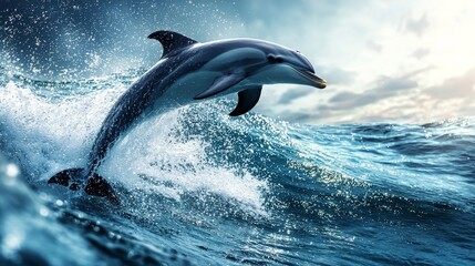 Fototapeta premium Playful dolphin mid-leap, vivid turquoise waves below, sunlight glinting on water droplets, expansive clear sky adding a touch of vastness