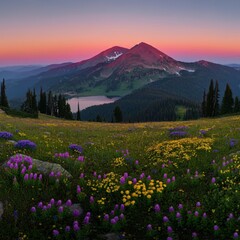 Serene mountain meadow dotted with wildflowers under a pastel pink dawn sky