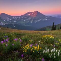 Fototapeta premium Serene mountain meadow dotted with wildflowers under a pastel pink dawn sky