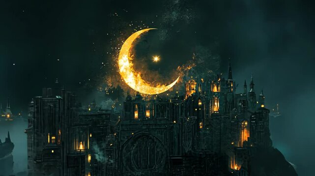 A fiery crescent moon shines above a grand castle, illuminating the night sky