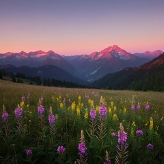 Obraz premium Serene mountain meadow dotted with wildflowers under a pastel pink dawn sky
