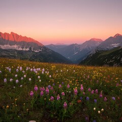 Serene mountain meadow dotted with wildflowers under a pastel pink dawn sky