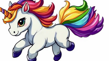 A white unicorn with a rainbow mane and tail runs through a white background