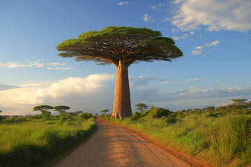 baobab on a savannah in Africa on sunny day, generative AI