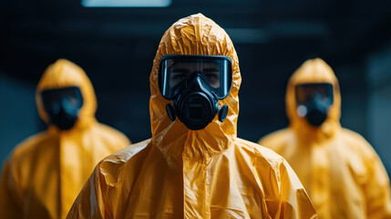 biohazard cleanup crew in protective gear stands in industrial site, showcasing their commitment to safety and regulation. atmosphere is tense and serious