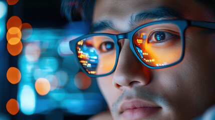 Business strategist reviewing data in dim lighting, showcasing focused mindset and analytical skills. reflections in glasses highlight digital environment
