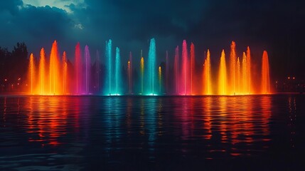 Vibrant Water Fountain Display at Night